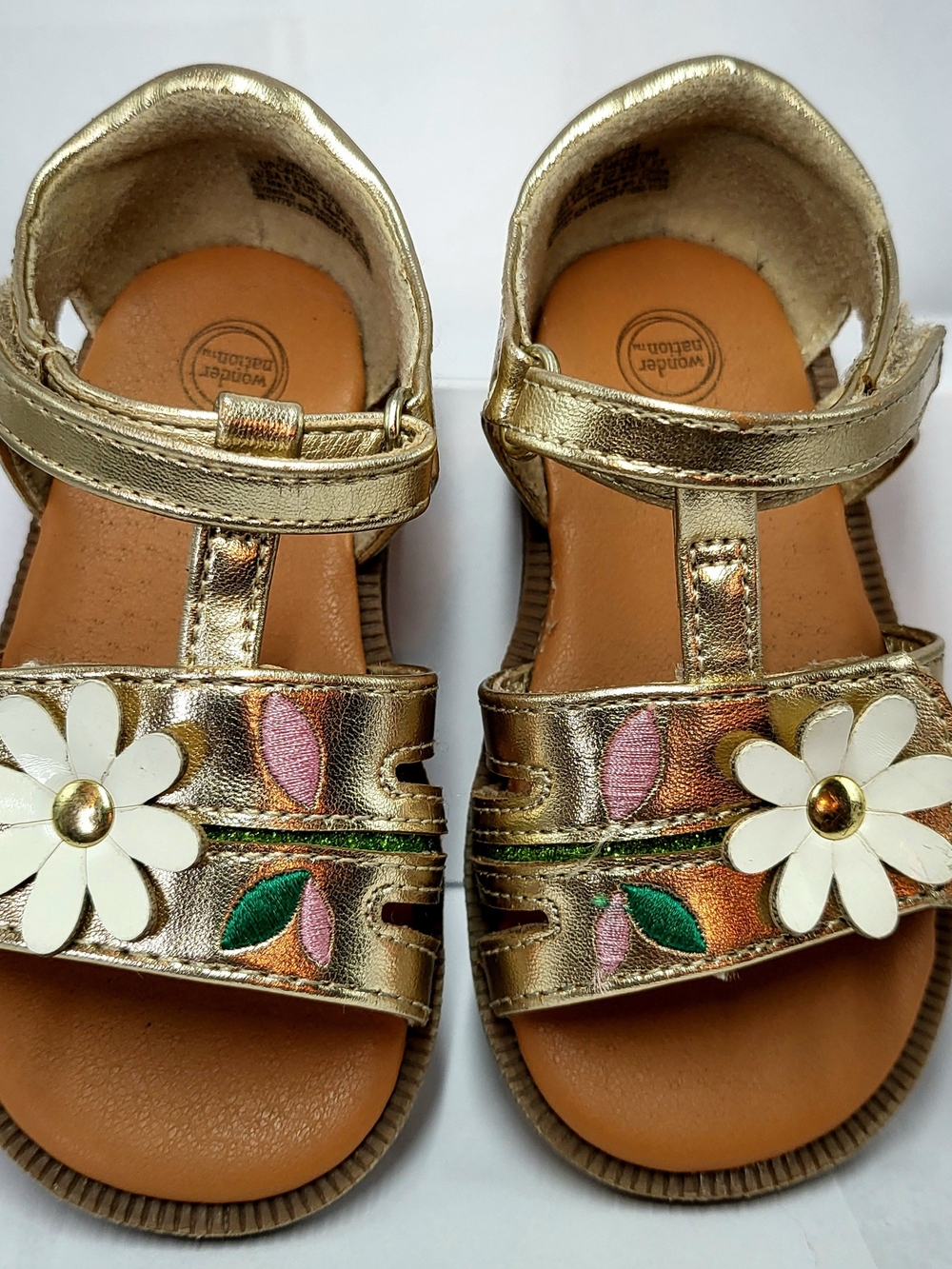 Wonder Nation Toddler Girls Gold Floral Daisy Sandals Metallic T-Strap - Size 6